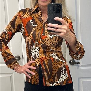 Vintage 70s Animal Print Button Up Shirt Giraffe Blouse Silky Artsy Abstract